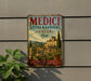 a vintage-style metal sign advertising "MEDICI VILLAS & GARDENS TUSCANY ITALY" with a classical building and garden design.