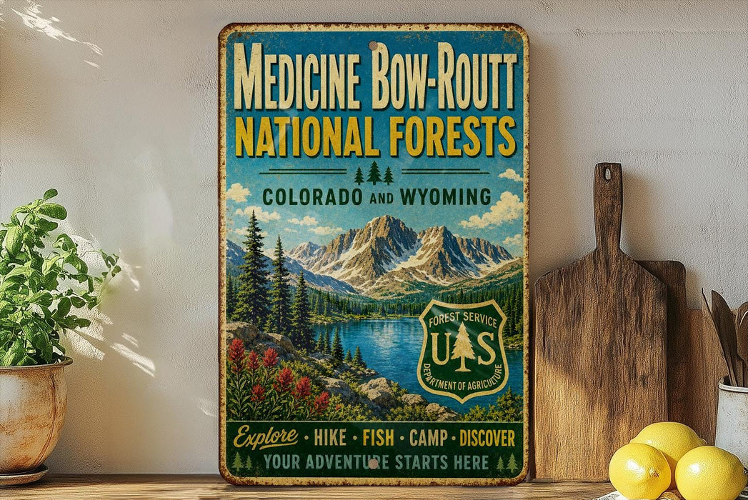 a vintage-style metal sign advertising Medicine Bow-Rout National Forests in Colorado and Wyoming, with a scenic mountain landscape and a lake in the background.