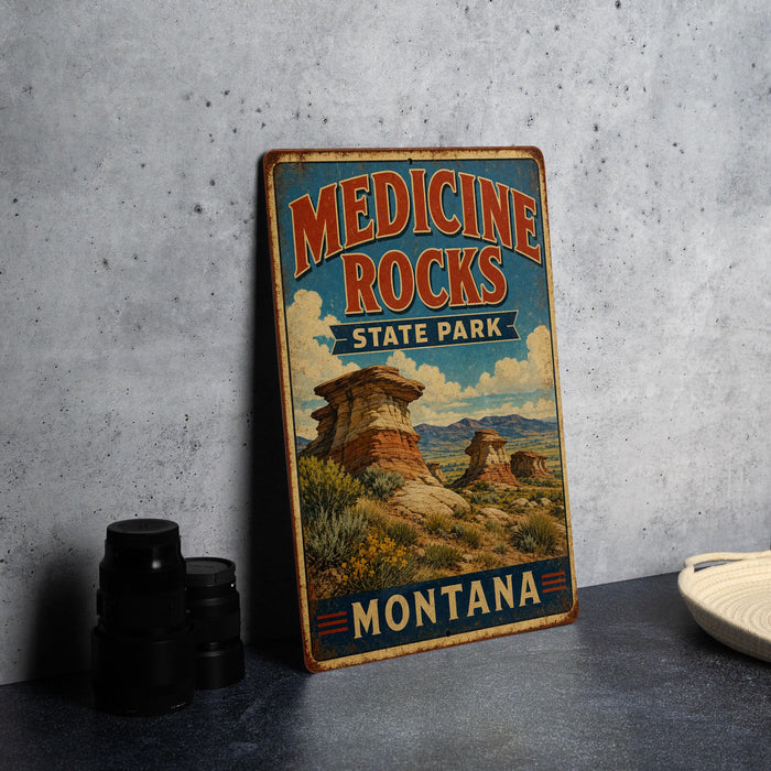 A vintage-style metal sign for Medicine Rocks State Park in Montana, featuring a desert landscape with rock formations and a blue sky with clouds.