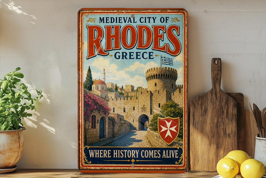 A vintage-style poster of the Medieval City of Rhodes, Greece, featuring a castle and a Greek flag, is displayed on a wall next to a wooden cutting board and a potted plant.