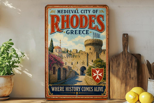 A vintage-style poster of the Medieval City of Rhodes, Greece, featuring a castle and a Greek flag, is displayed on a wall next to a wooden cutting board and a potted plant.