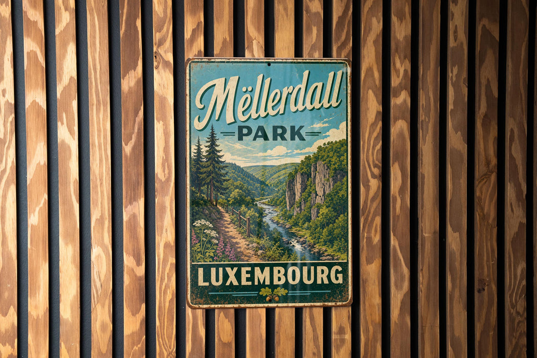 A vintage metal sign for "Meisterdall Park" in Luxembourg, featuring a scenic mountain landscape.