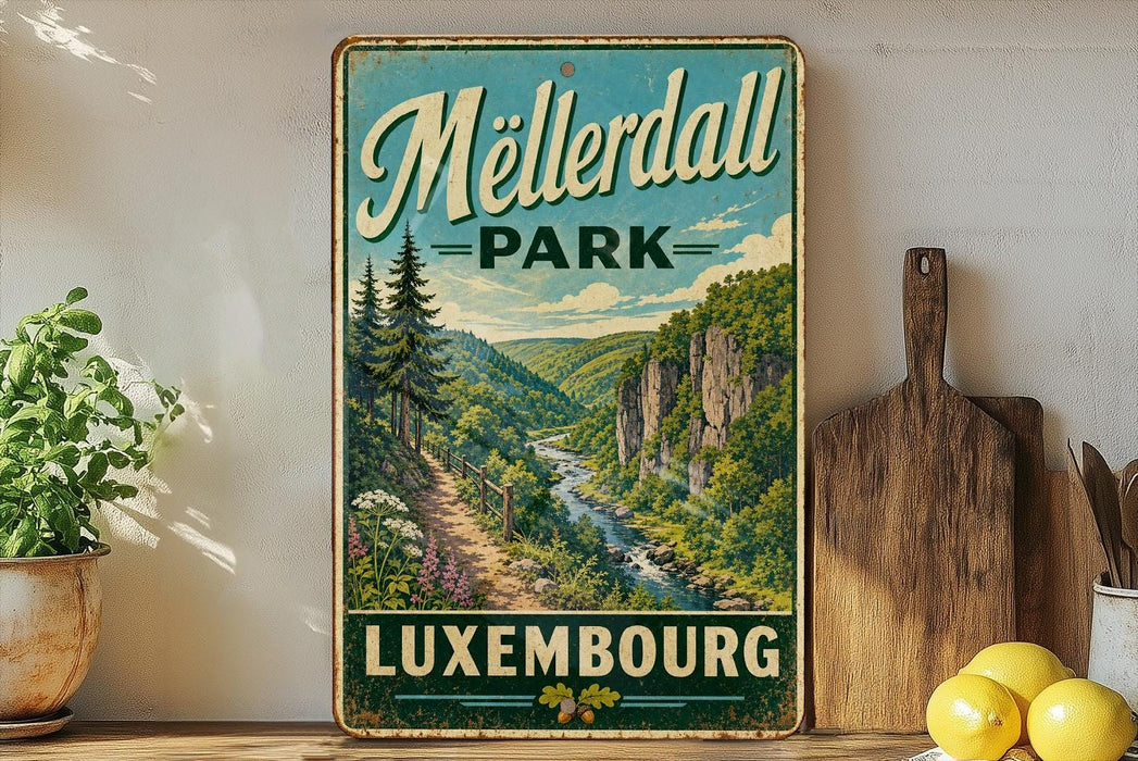 A vintage metal sign for Meisterdall Park in Luxembourg, featuring a scenic mountain landscape with a winding river.