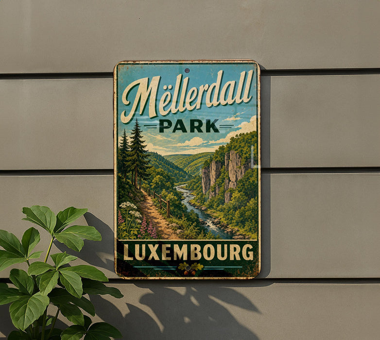 A vintage metal sign for Meisterdall Park in Luxembourg, featuring a scenic landscape with a river and forest.