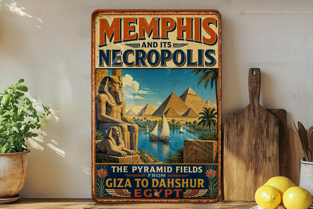 A vintage-style poster advertising "Memphis and its Necropolis" featuring the pyramids of Giza, with a wooden board and a potted plant in the foreground.