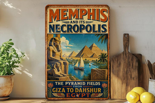 A vintage-style poster advertising "Memphis and its Necropolis" featuring the pyramids of Giza, with a wooden board and a potted plant in the foreground.