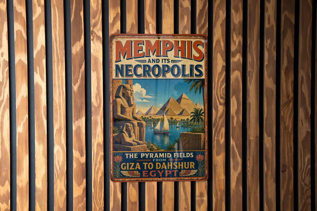 A vintage travel poster advertising the city of Memphis, Tennessee, and its surrounding areas, including the Pyramid Fields and Giza to Dakhur, Egypt.