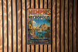 A vintage travel poster advertising the city of Memphis, Tennessee, and its surrounding areas, including the Pyramid Fields and Giza to Dakhur, Egypt.
