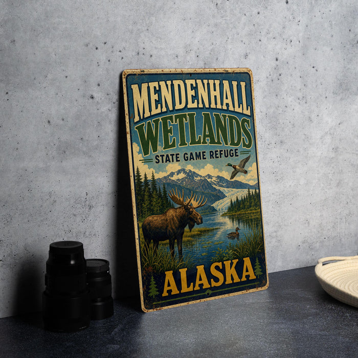 A vintage-style metal sign for Mendenhall Wetlands State Game Refuge in Alaska, featuring a moose and other wildlife in a scenic landscape.