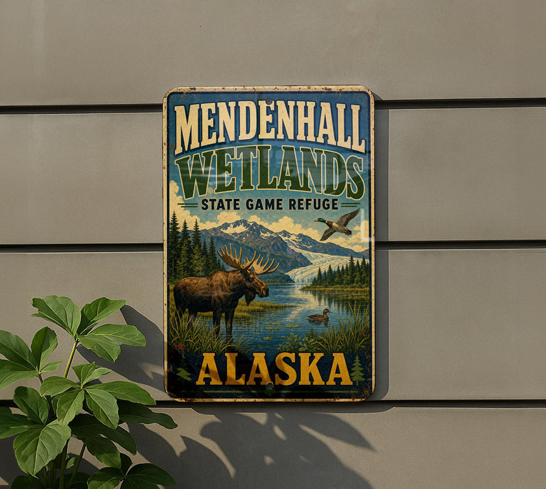 A vintage-style metal sign for Mendenhall Wetlands, Alaska, featuring a moose and other wildlife in a scenic landscape.