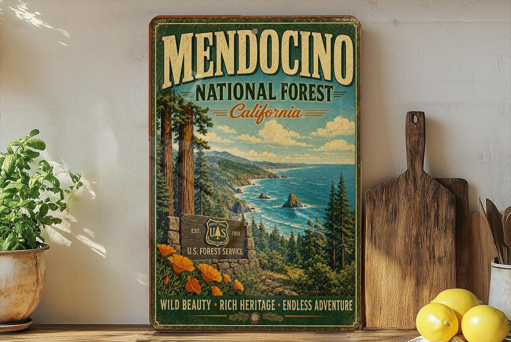 A vintage-style sign for Mendocino National Forest, California, featuring a scenic landscape with pine trees, mountains, and a body of water.