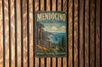 A vintage metal sign for Mendocino National Forest in California, featuring a scenic landscape with a forest, mountains, and a body of water.