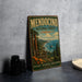 A vintage-style metal sign for Mendocino National Forest, California, featuring a scenic landscape with pine trees, a body of water, and a sign indicating the U.S. Forest Service.