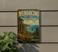 A vintage-style metal sign for Mendocino National Forest in California, featuring a scenic landscape with pine trees, mountains, and a body of water.