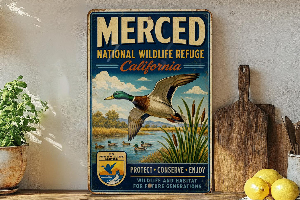 A vintage-style sign for the Merced National Wildlife Refuge in California, featuring a duck in flight and a scenic landscape.