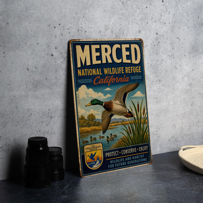 A vintage-style sign for the Merced National Wildlife Refuge in California, featuring an illustration of a duck and a bird in flight over a body of water.