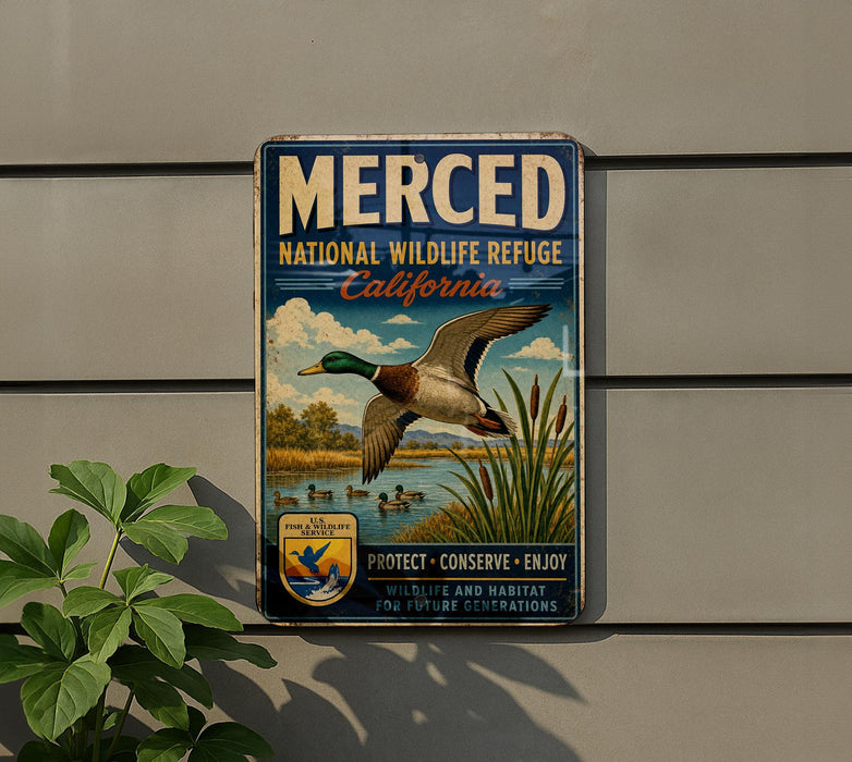 A vintage-style metal sign for the Merced National Wildlife Refuge in California, featuring a duck in flight and a serene landscape.