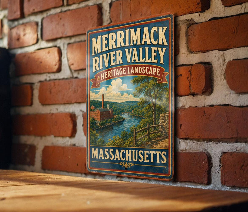 A vintage-style metal sign for Merrimack River Valley, Massachusetts, featuring a scenic landscape with a river, buildings, and trees.