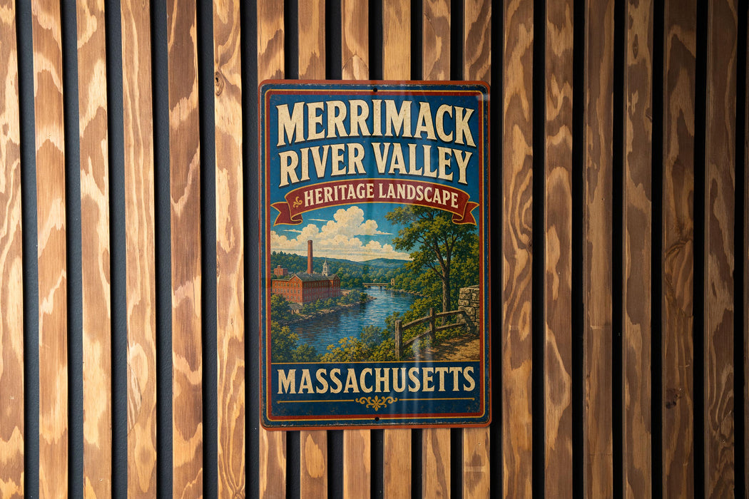 A vintage-style metal sign for Merrimack River Valley, Massachusetts, featuring a scenic landscape with a river and buildings.