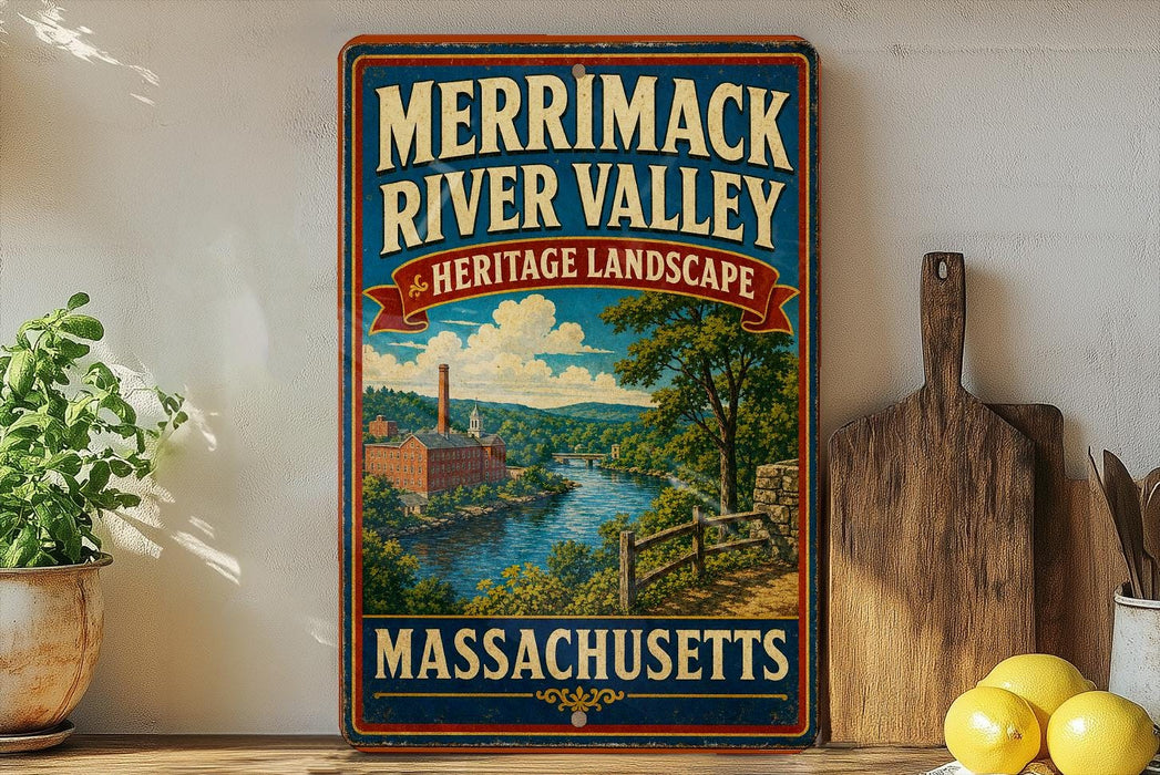 A vintage-style sign for Merrimack River Valley, Massachusetts, featuring a scenic landscape with a river, buildings, and trees.