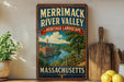 A vintage-style sign for Merrimack River Valley, Massachusetts, featuring a scenic landscape with a river, buildings, and trees.