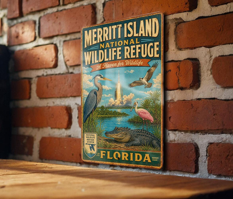 A vintage-style metal sign for the Merritt Island National Wildlife Refuge in Florida, featuring illustrations of various birds and wildlife.