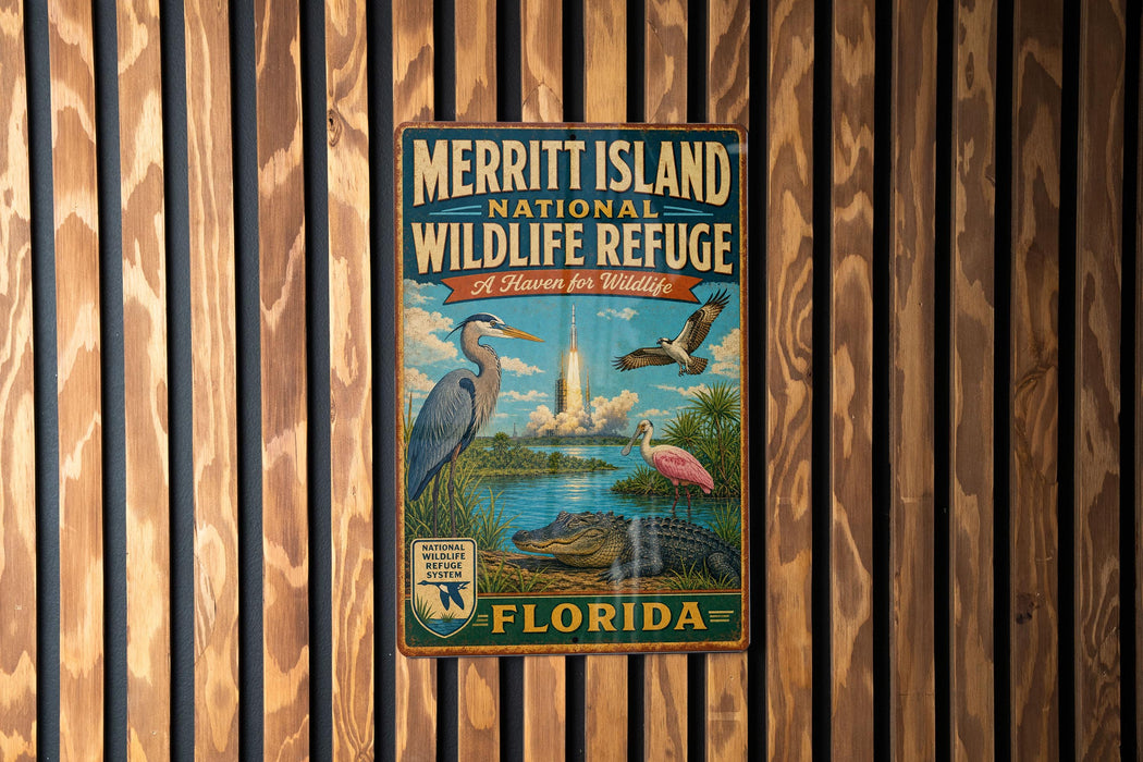A vintage-style metal sign for the Merritt Island National Wildlife Refuge in Florida, featuring illustrations of various birds and wildlife.
