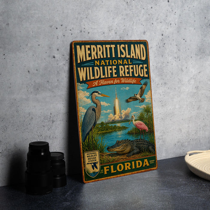 A vintage-style metal sign for the Merritt Island National Wildlife Refuge in Florida, featuring illustrations of various wildlife species.