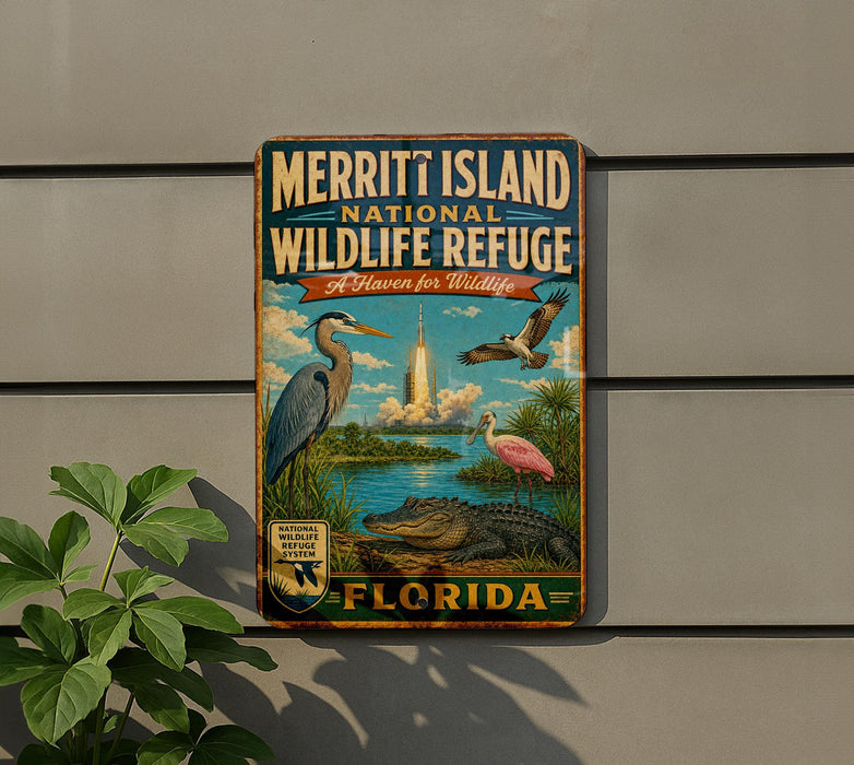 A vintage-style metal sign for the Merritt Island National Wildlife Refuge in Florida, featuring illustrations of various wildlife species such as a crane, all set against a backdrop of a tropical landscape with a rocket launch.