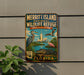 A vintage-style metal sign for the Merritt Island National Wildlife Refuge in Florida, featuring illustrations of various wildlife species such as a crane, all set against a backdrop of a tropical landscape with a rocket launch.