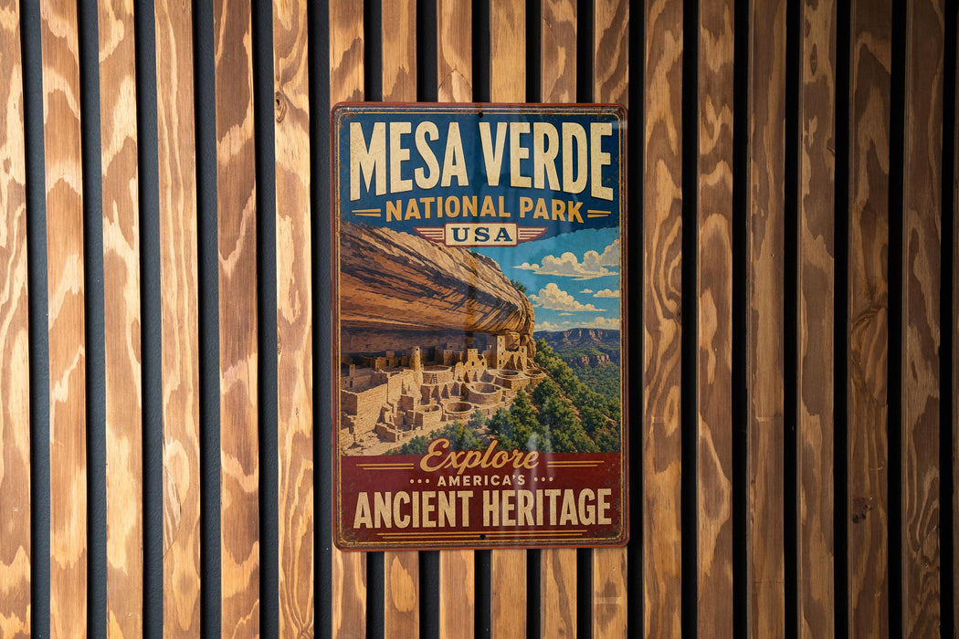 A vintage-style metal sign for the Mesa Verde National Park in the United States, featuring a scenic image of the ancient cliff dwellings.