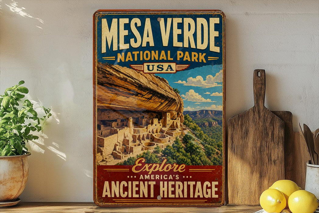 A vintage-style metal sign for the Mesa Verde National Park in the United States, featuring a scenic image of the ancient cliff dwellings in the background.