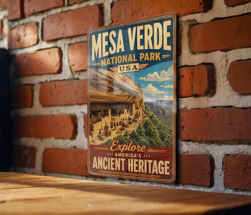 A vintage-style metal sign for the Mesa Verde National Park in the United States, featuring a scenic image of the ancient cliff dwellings in the background.