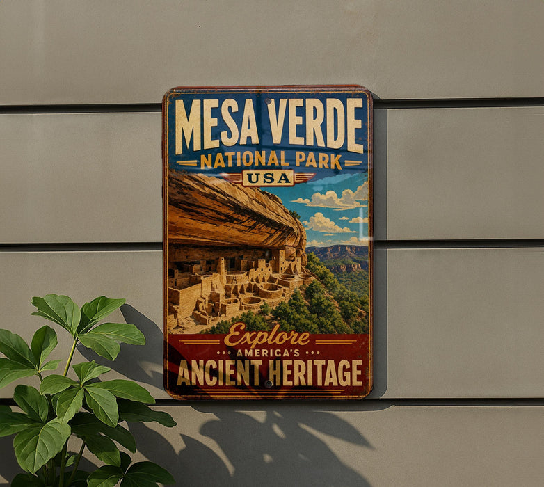 A vintage-style metal sign for the Mesa Verde National Park in the United States, featuring a scenic image of the ancient cliff dwellings in the background.