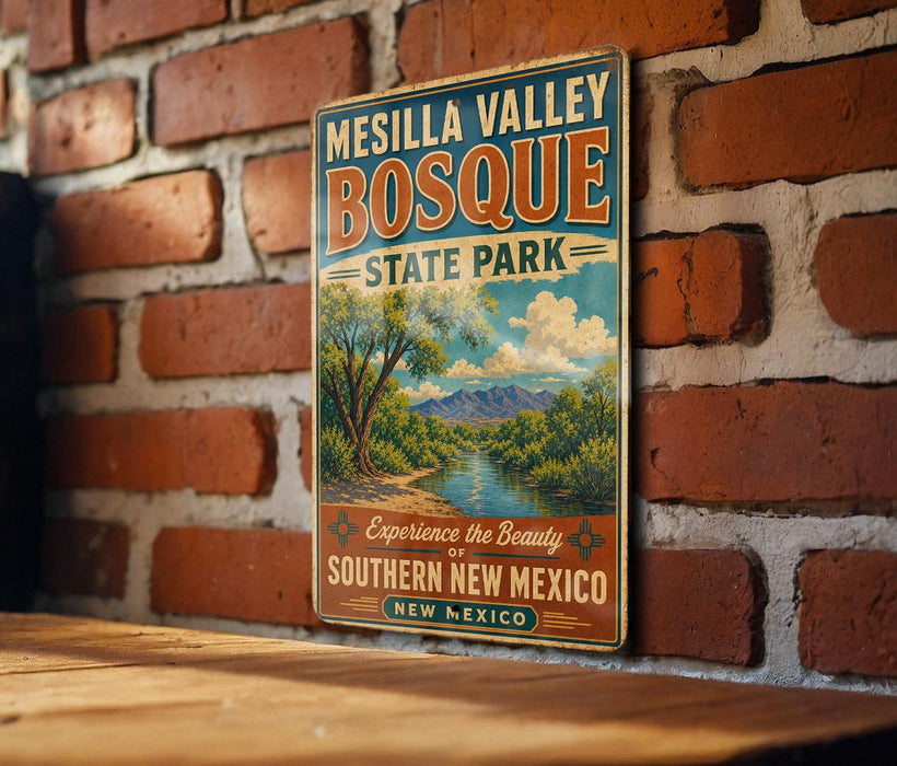 A vintage-style metal sign for Mesilla Valley Bosque State Park, featuring a scenic landscape with mountains, trees, and a river.