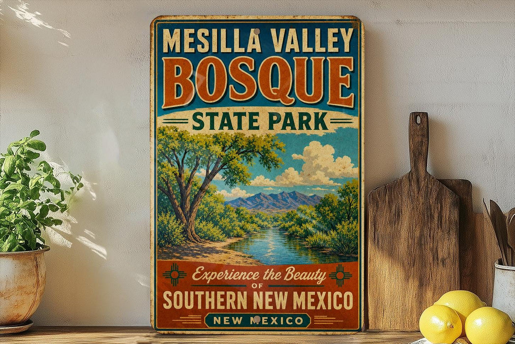A vintage-style sign for Mesilla Valley Bosque State Park, featuring a scenic landscape with mountains, trees, and a river.