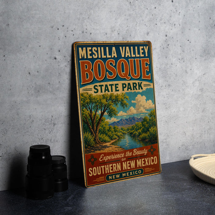 A vintage-style metal sign for Mesilla Valley Bosque State Park, featuring a scenic landscape with a river and mountains.