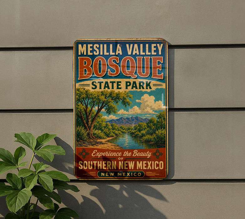 A vintage-style metal sign for Mesilla Valley Bosque State Park in Southern New Mexico, featuring a scenic landscape with a river and mountains.