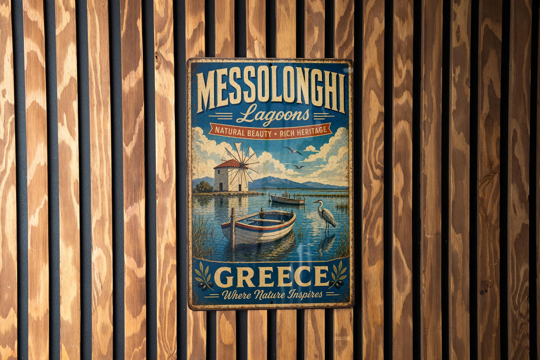 A vintage metal sign for Messolonghi Lagons, a natural beauty and rich heritage destination in Greece, is displayed on a wooden wall.