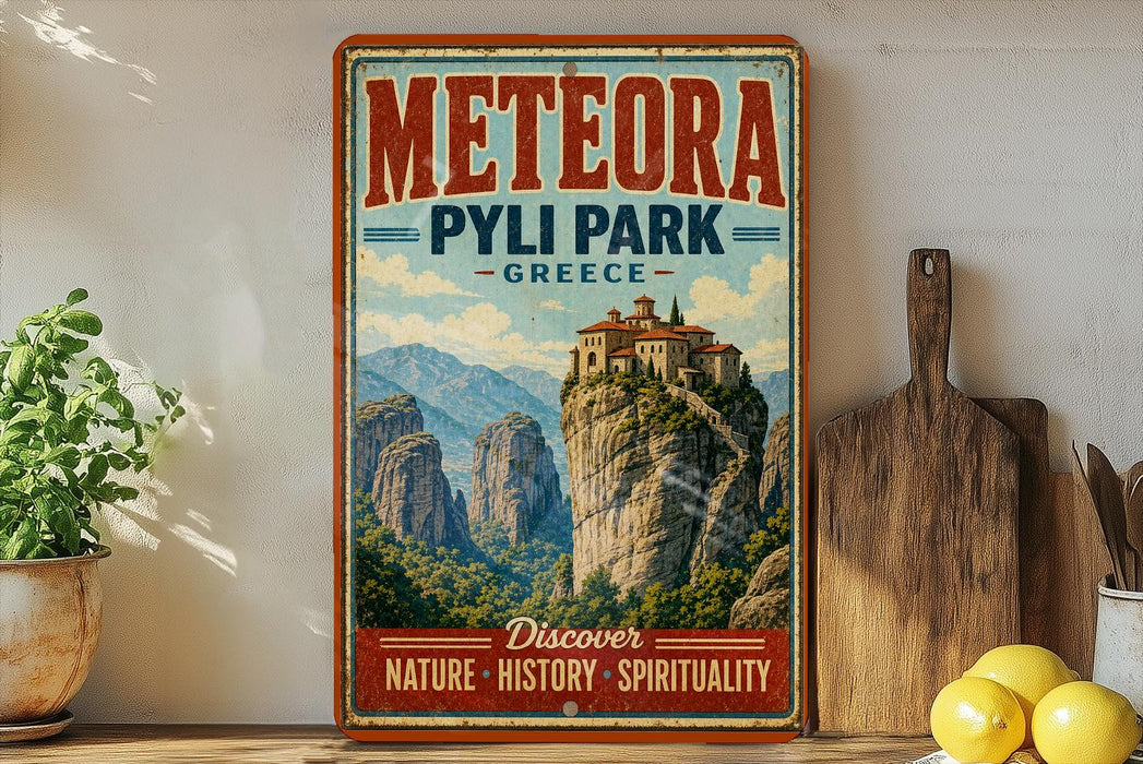 A vintage-style metal sign for Meteora, Pyli Park, Greece, featuring a mountainous landscape with a castle-like structure on a cliff.