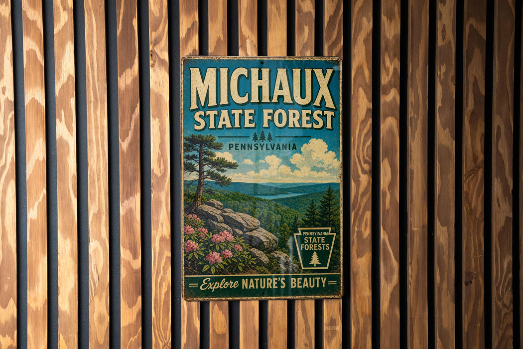 A vintage-style poster for the Michaux State Forest in Pennsylvania, featuring a scenic landscape with pine trees, mountains, and a river.