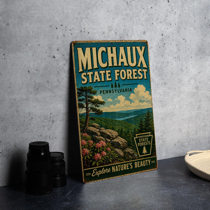 A vintage-style metal sign for the Michaux State Forest in Pennsylvania, featuring a scenic landscape with pine trees, mountains, and a river.