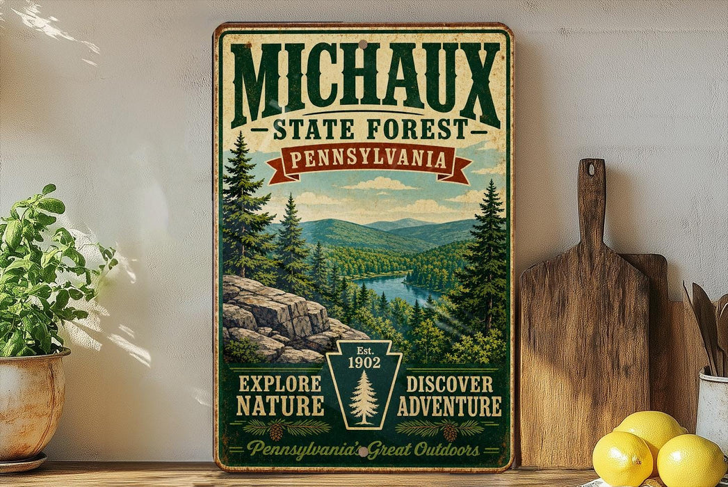 A vintage-style poster advertising the Michaux State Forest in Pennsylvania, featuring a scenic mountain landscape with pine trees and a river.