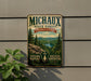 A vintage-style metal sign for the Michaux State Forest in Pennsylvania, featuring a scenic landscape with pine trees, mountains, and a river.