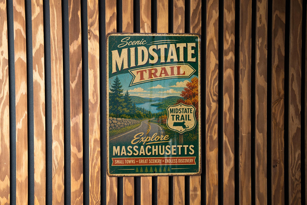 A vintage metal sign for the "Scenic Midstate Trail" in Massachusetts, featuring a scenic landscape with a road and trees.