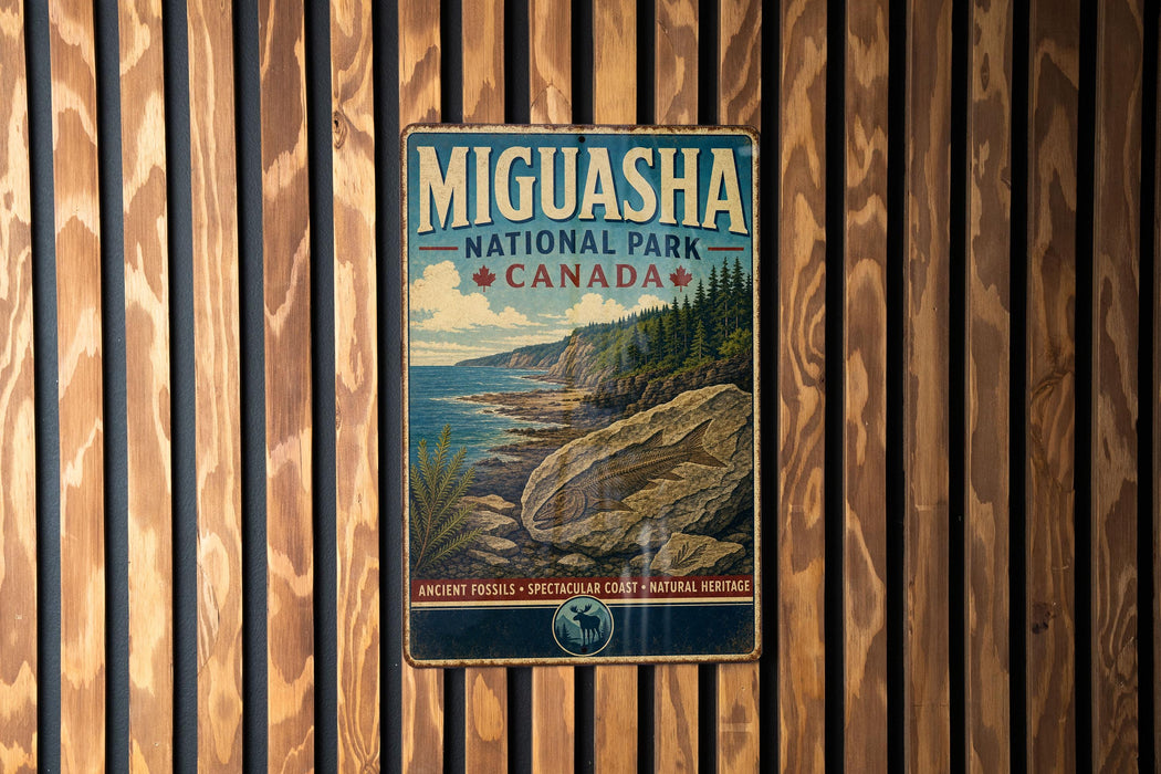 A vintage-style metal sign for the MIGUASHA NATIONAL PARK, Canada, featuring a scenic landscape with a rocky coastline, trees, and a body of water.