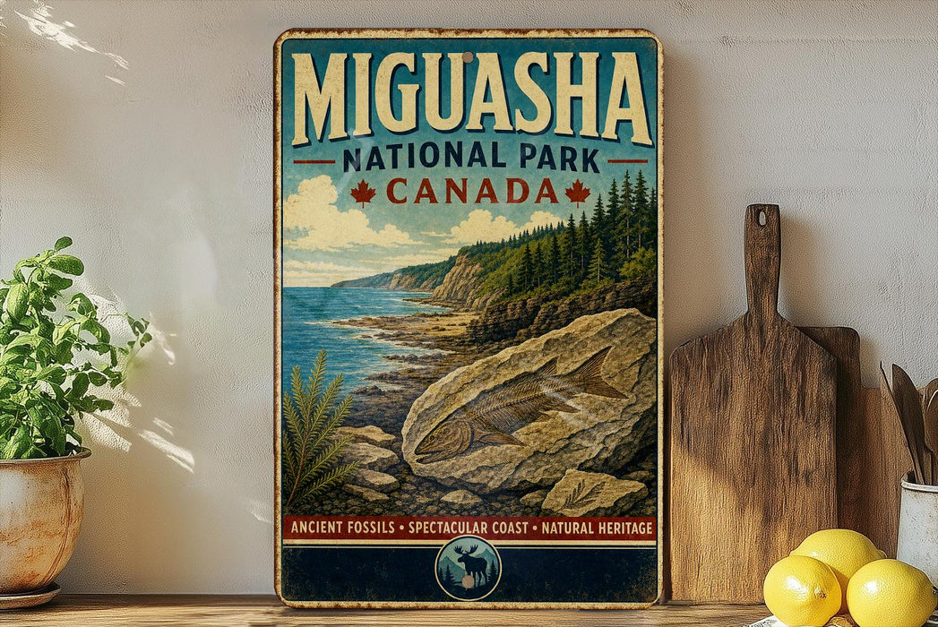 A vintage-style metal sign for the Miguasha National Park in Canada, featuring a scenic landscape with a rocky coastline, pine trees, and a large rock formation.