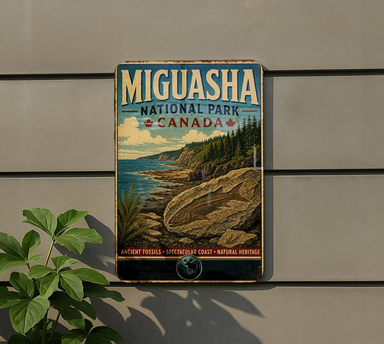 A vintage-style metal sign for Miguasa National Park, Canada, featuring a scenic landscape with a rocky coastline, pine trees, and a large rock formation.