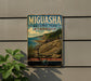 A vintage-style metal sign for Miguasa National Park, Canada, featuring a scenic landscape with a rocky coastline, pine trees, and a large rock formation.