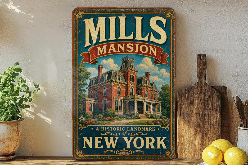 A vintage-style sign for Mills Mansion, a historic landmark in New York, featuring an illustration of the mansion and the text "MILLS MANSION A HISTORIC LANOMARK OF NEW YORK".